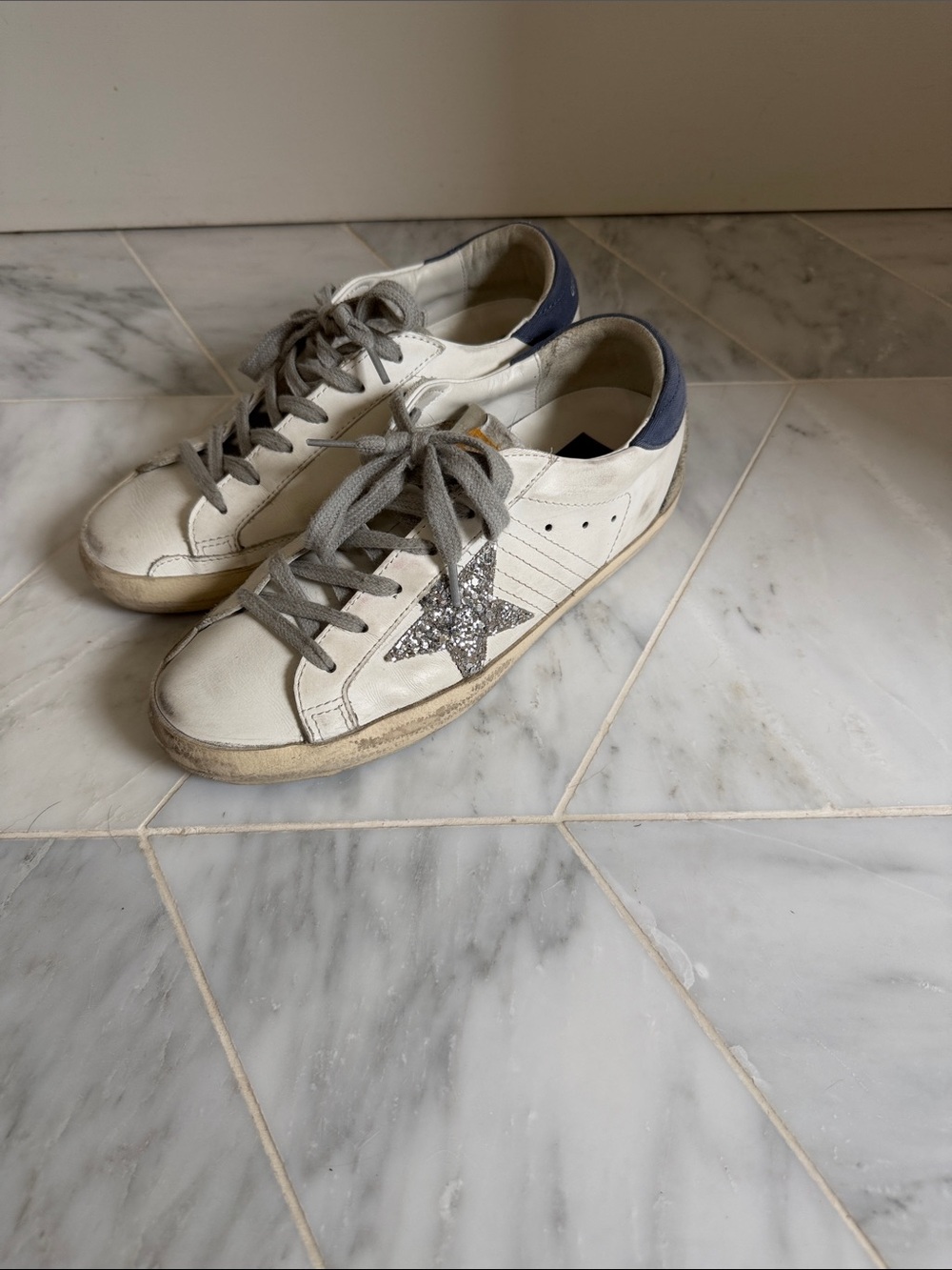 Golden Goose White Sneakers with Navy Heel and Gray Suede Toe